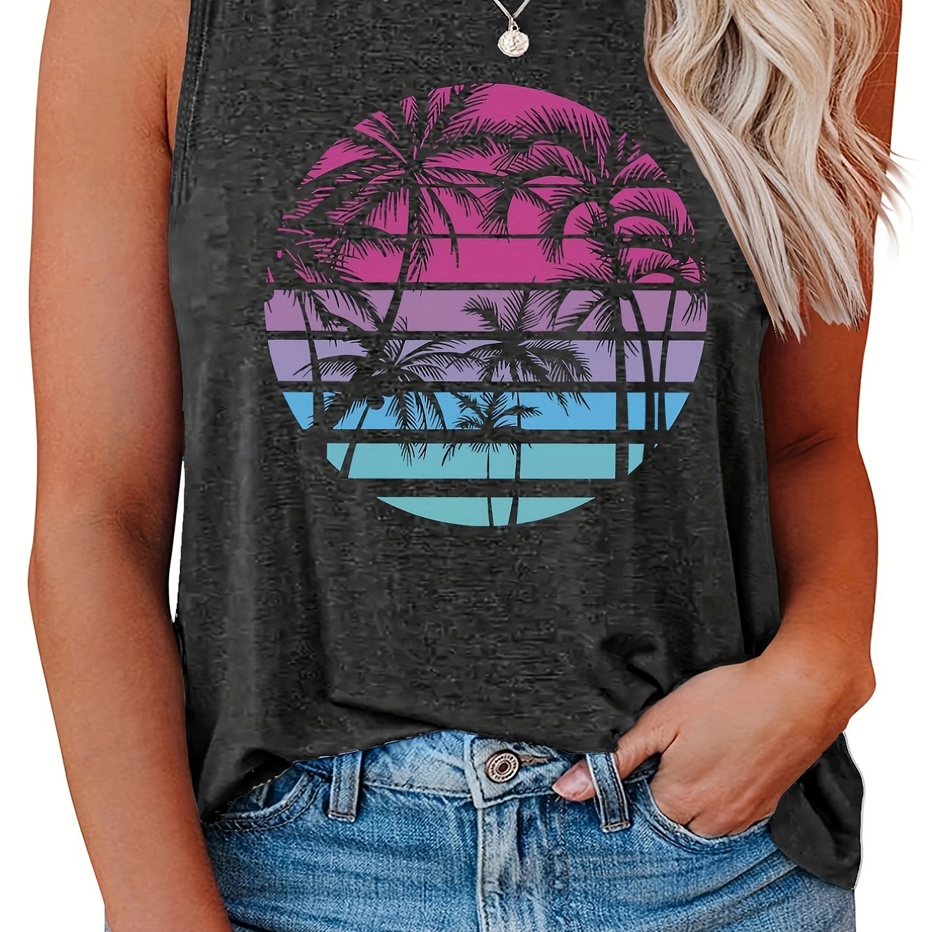 Coconut Tree Print Tank Top Women's