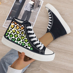 Leopard Heart Print Plush Lined Canvas Sneakers