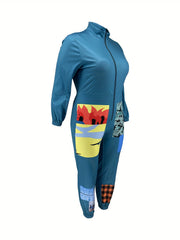Colorblock Long Sleeve Mock Neck Jumpsuit
