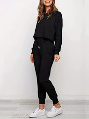 Sporty Two-piece Set Long Sleeve Crop Sweatshirt & Joggers Outfit