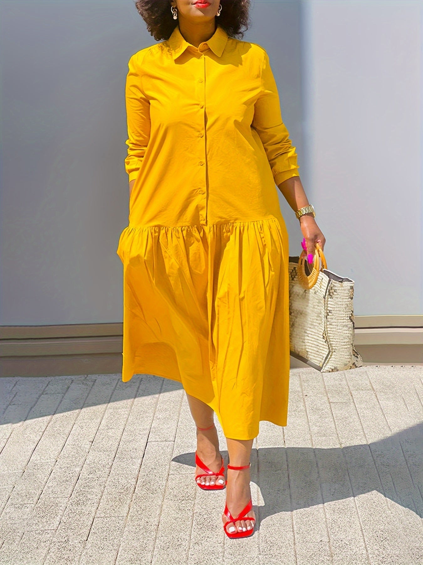 Solid Long Sleeve Shirt Dress With Pockets