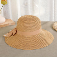 Faux Pearl Ribbon Bow Hat Wide Brim Straw Sun Hat