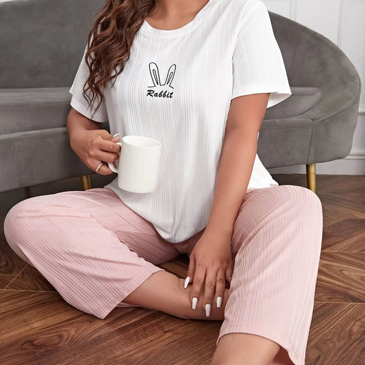 Striped & Bunny Print Pajama Set Short Sleeve Crew Neck Top & Pants