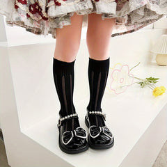 Girls Stripe Pattern Hollow Out Knee High Socks Kids Stockings