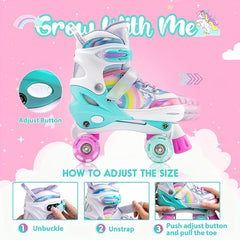 Kids Adjustable Roller Skates 4 Light Up Wheels Lace Up Full Protection Shoes
