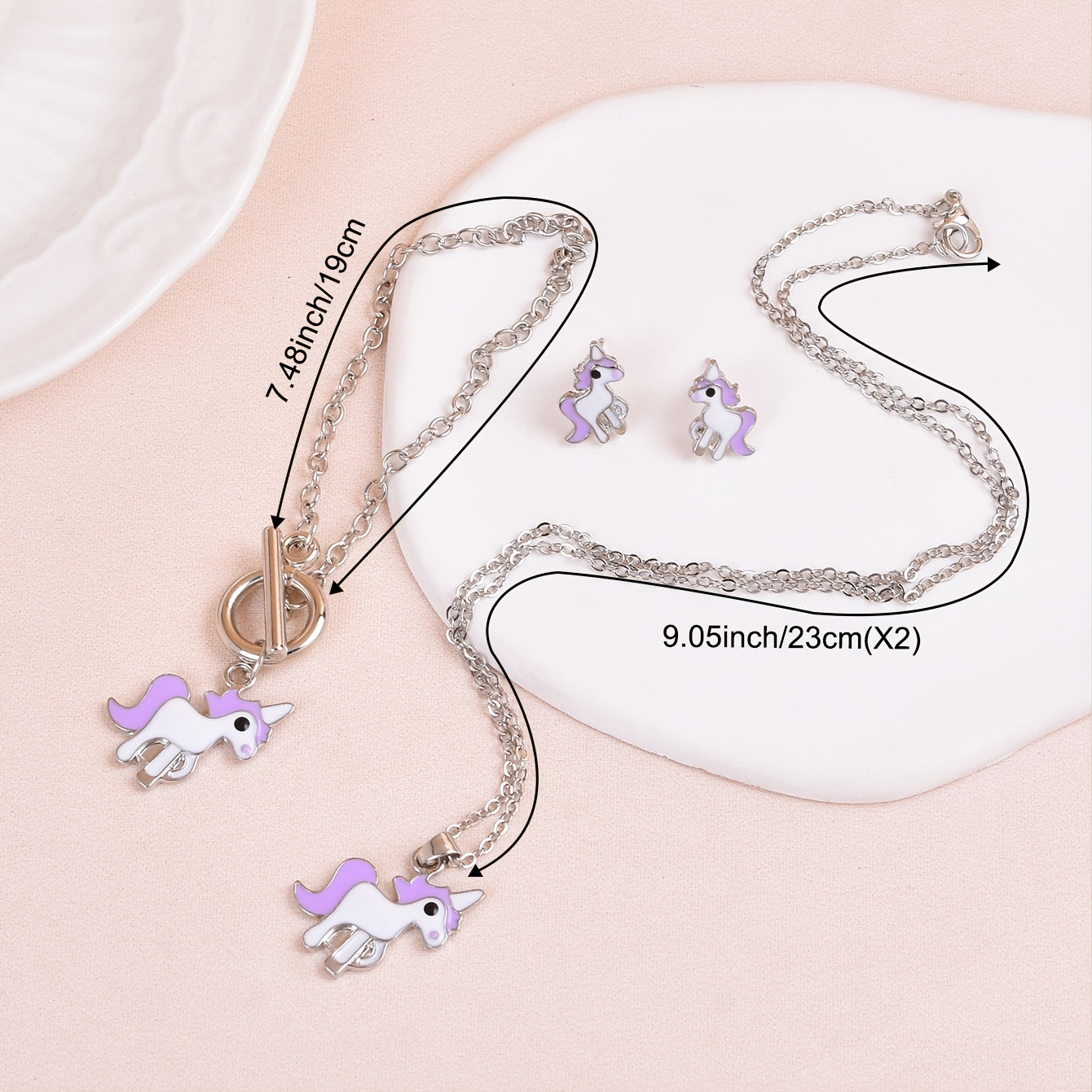 Unicorn Pendant Necklace & Earrings & Bracelet Set - Gift for Girls