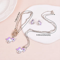 Unicorn Pendant Necklace & Earrings & Bracelet Set - Gift for Girls