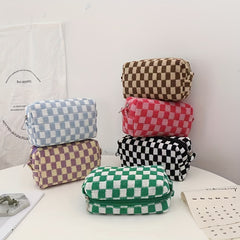 Checkerboard Knitted Cosmetic Bag Contrast Woolen Plaid Large Capacity Storage