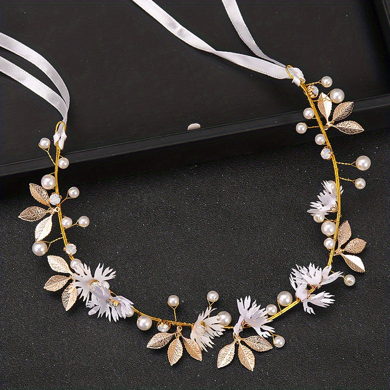 Faux Pearl Flower Leaf Headband Tiara for Women Bride Wedding Hair Accessories