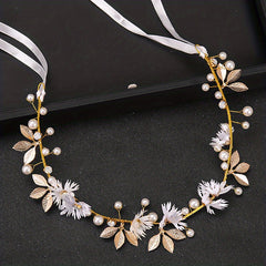 Faux Pearl Flower Leaf Headband Tiara for Women Bride Wedding Hair Accessories