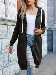 Solid Zip Up Long Length Hoodie Casual Long Sleeve Drawstring Hoodies Sweatshirt