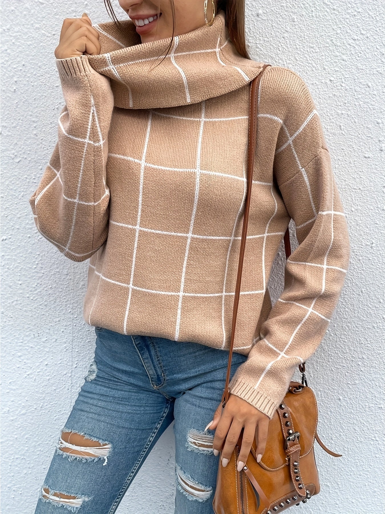 Plaid Turtleneck Knitted Pullover Top Long Sleeve Sweater