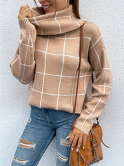 Plaid Turtleneck Knitted Pullover Top Long Sleeve Sweater