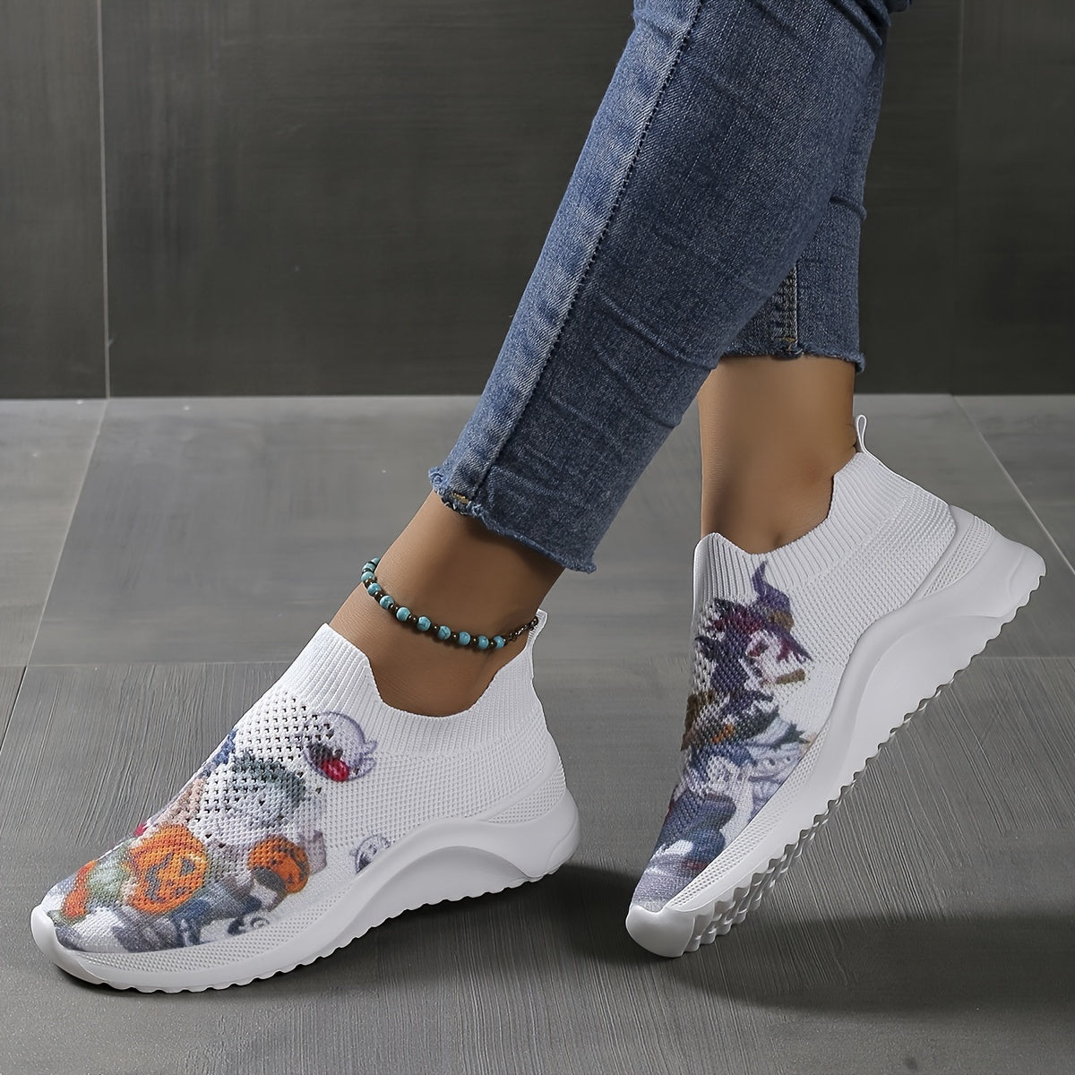 Women's Pumpkin Pattern Sneakers Low Round Toe Non slip Knit Breathable Shoes