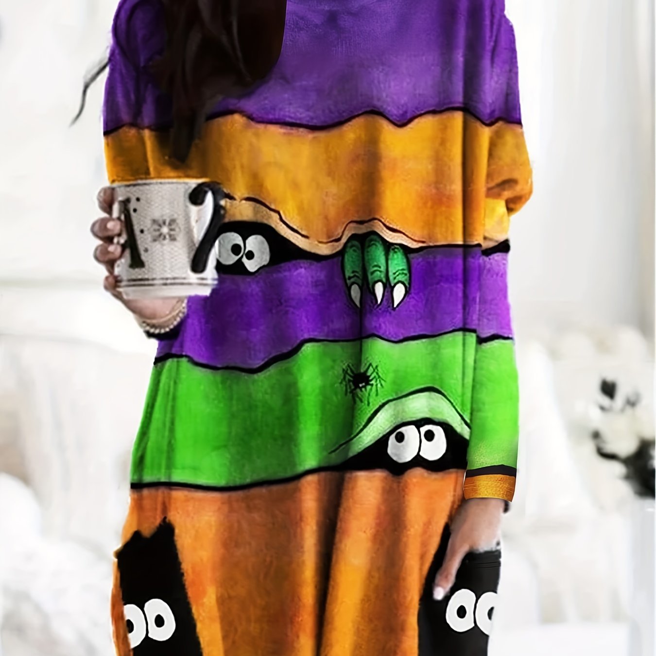 Monster Print Long Sleeve Dress with Pockets
