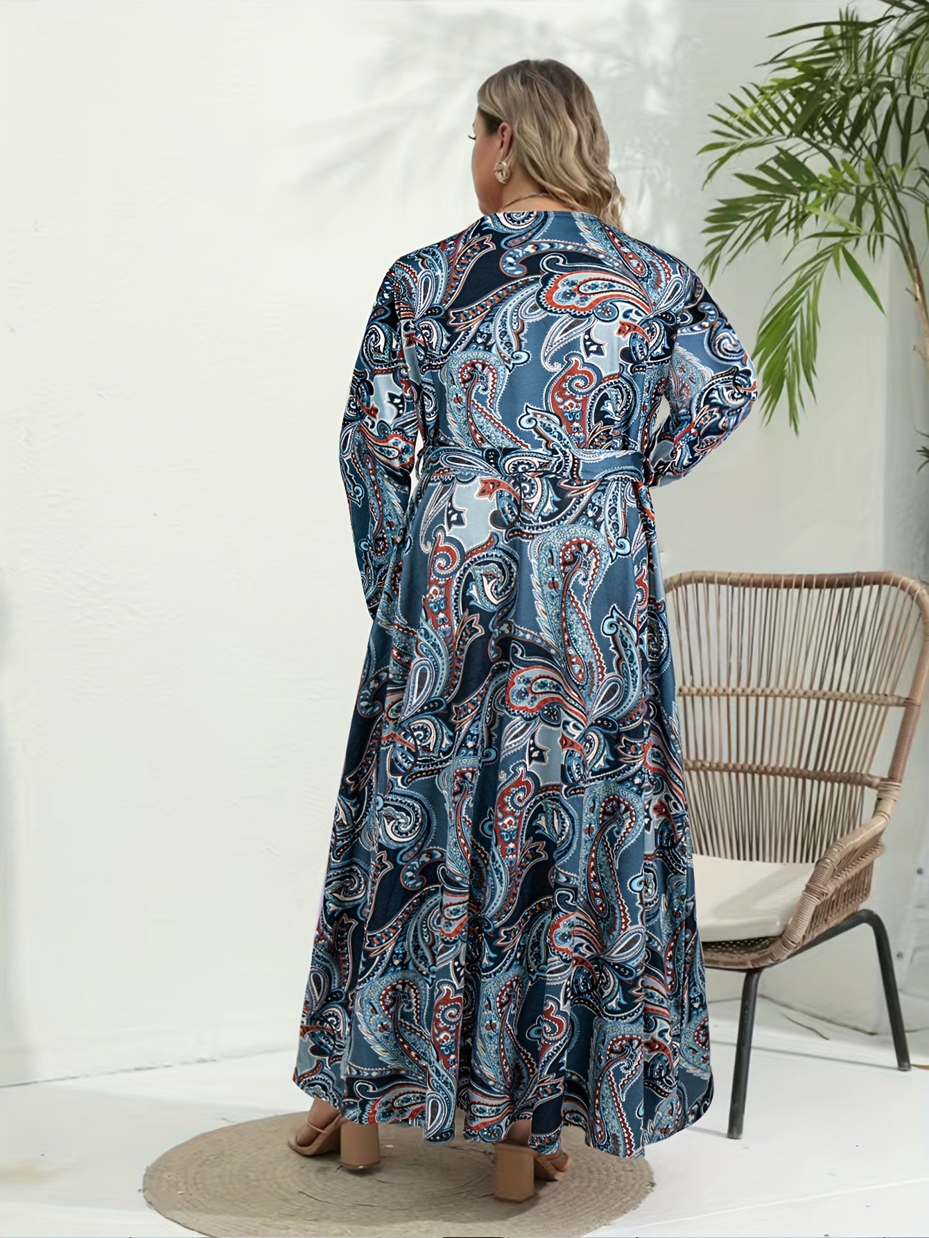 Boho Dress Women's Plus Paisley Print Long Sleeve Maxi Dress