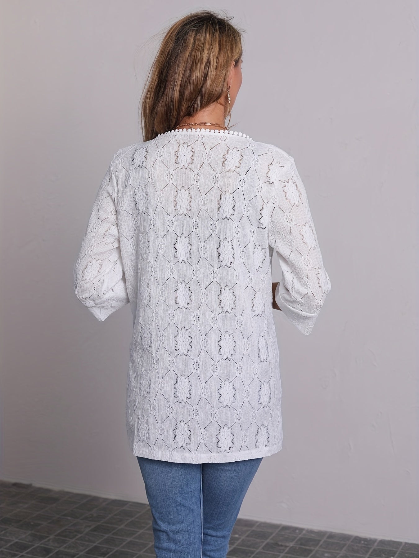 Flower Jacquard Open Front Cardigan with Lace Trim