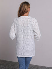 Flower Jacquard Open Front Cardigan with Lace Trim