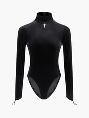 Gothic Cross Decor Mock Neck Bodysuit Long Sleeve One Piece Bodysuit