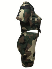 Camo Print Short Sleeve Crop Top & Shorts Set