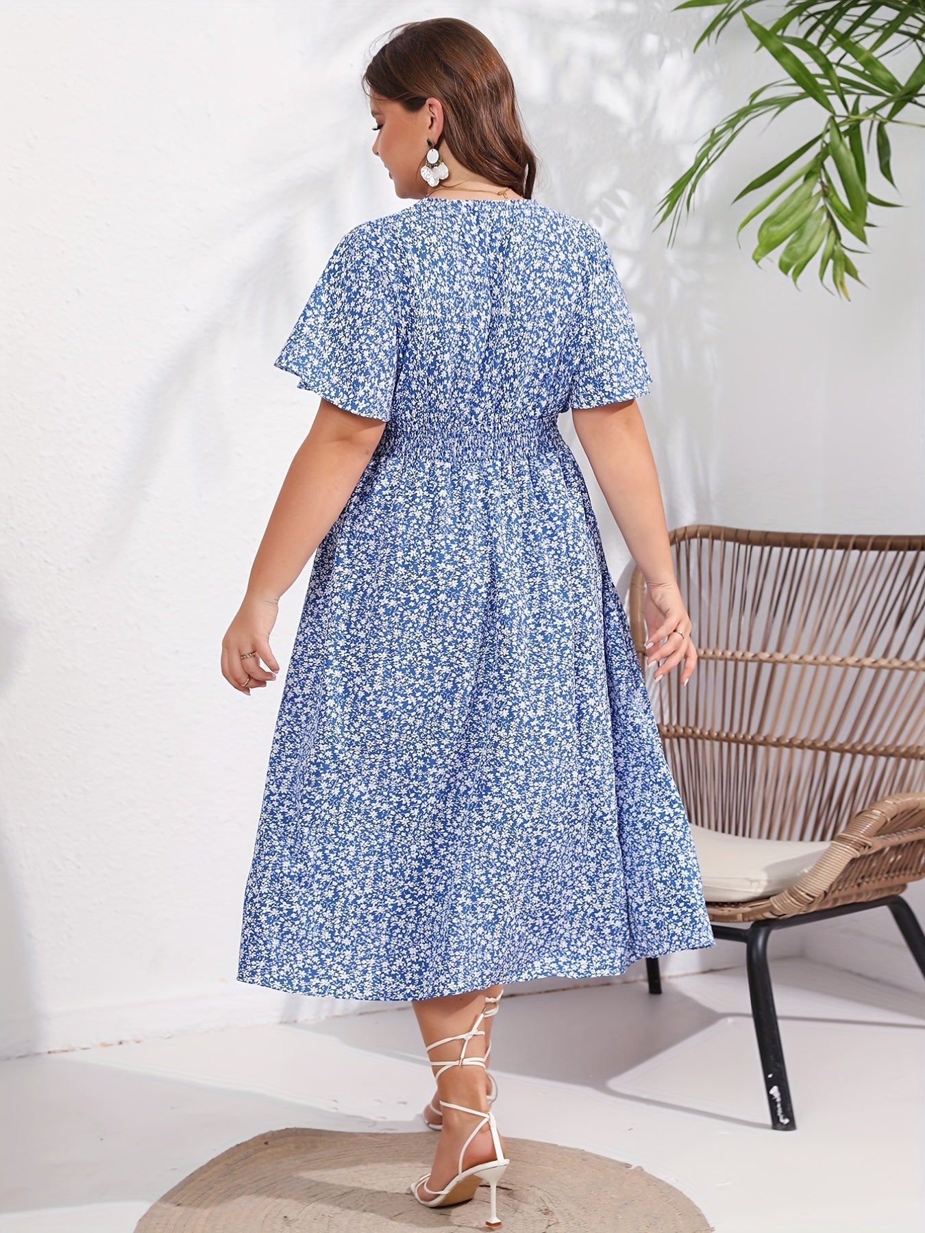 Boho Dress Women's Plus Floral Print Short Sleeve V Neck Dress