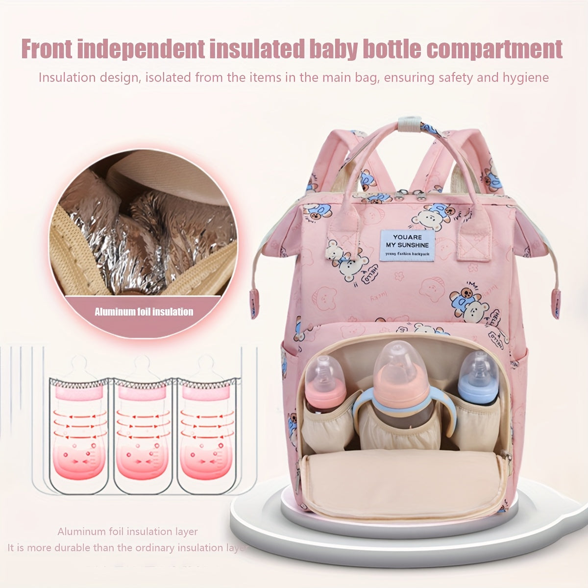 Large Diaper Backpack with Insulated Pocket Pink