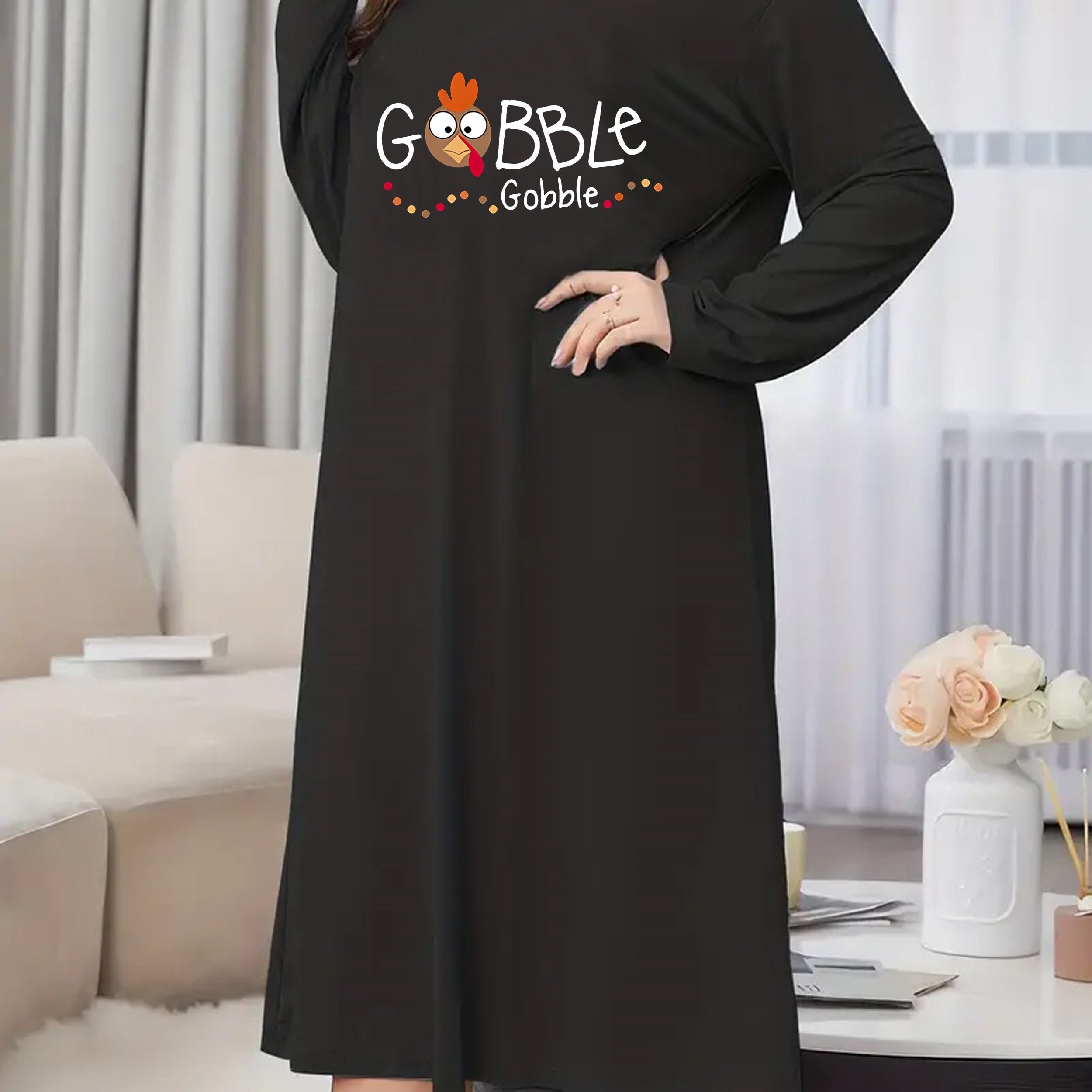 Turkey Print Long Sleeve Tee Sleep Dress