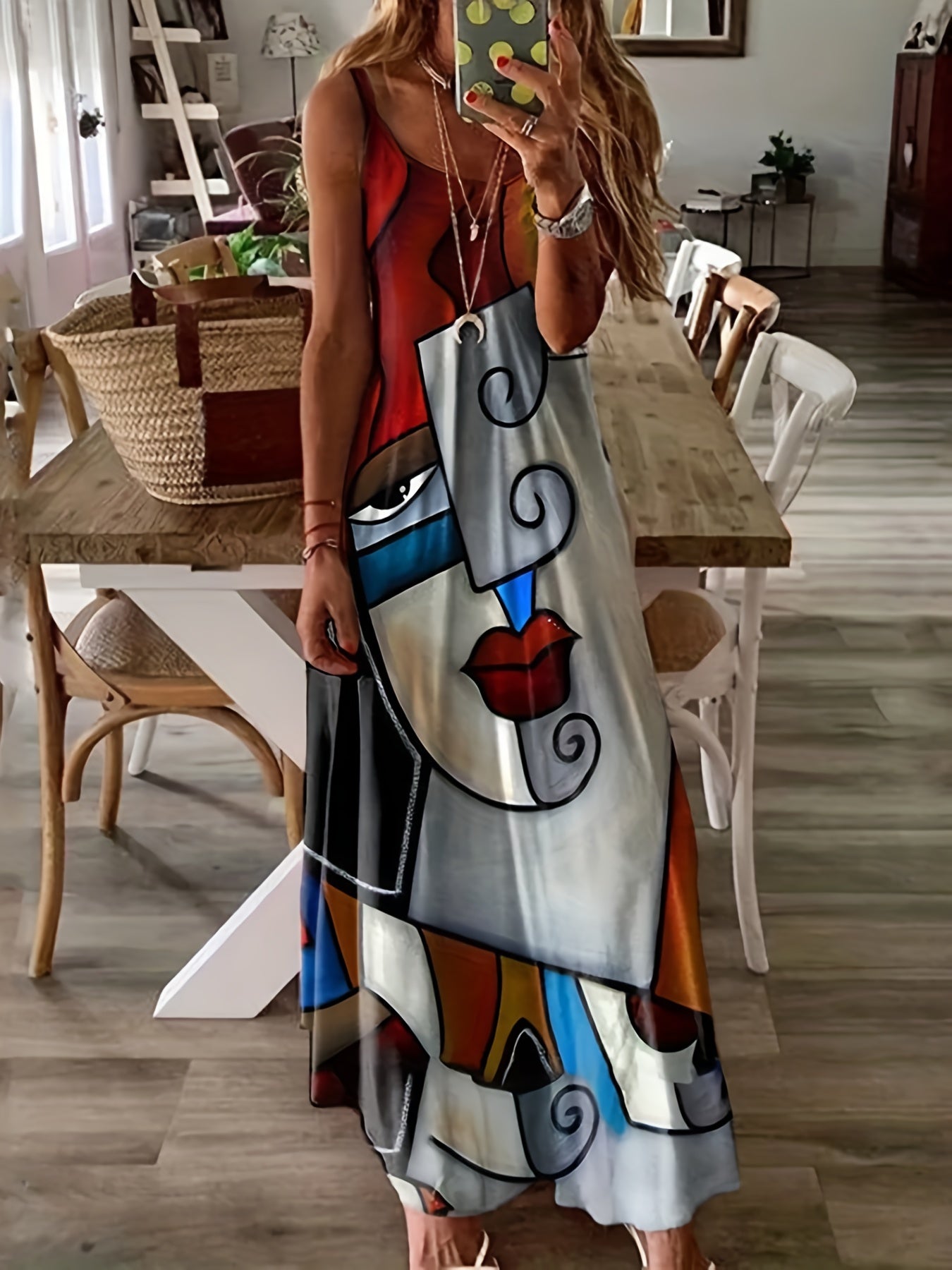 Women's Plus Abstract Figure Print V Neck Cami Maxi Dress