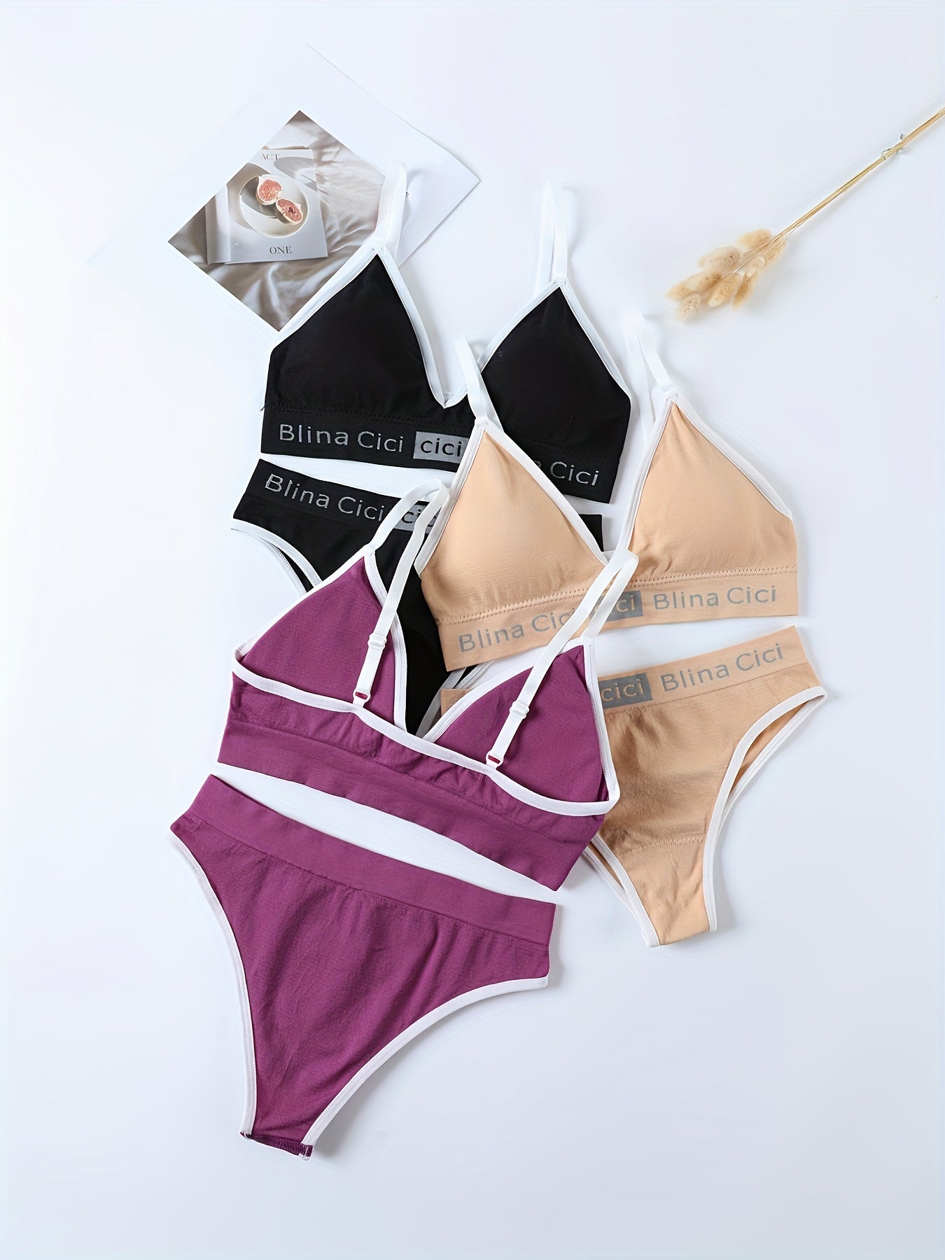 Letter Print Bra & Panties Set, Wireless Sports Bra & Elastic Panties