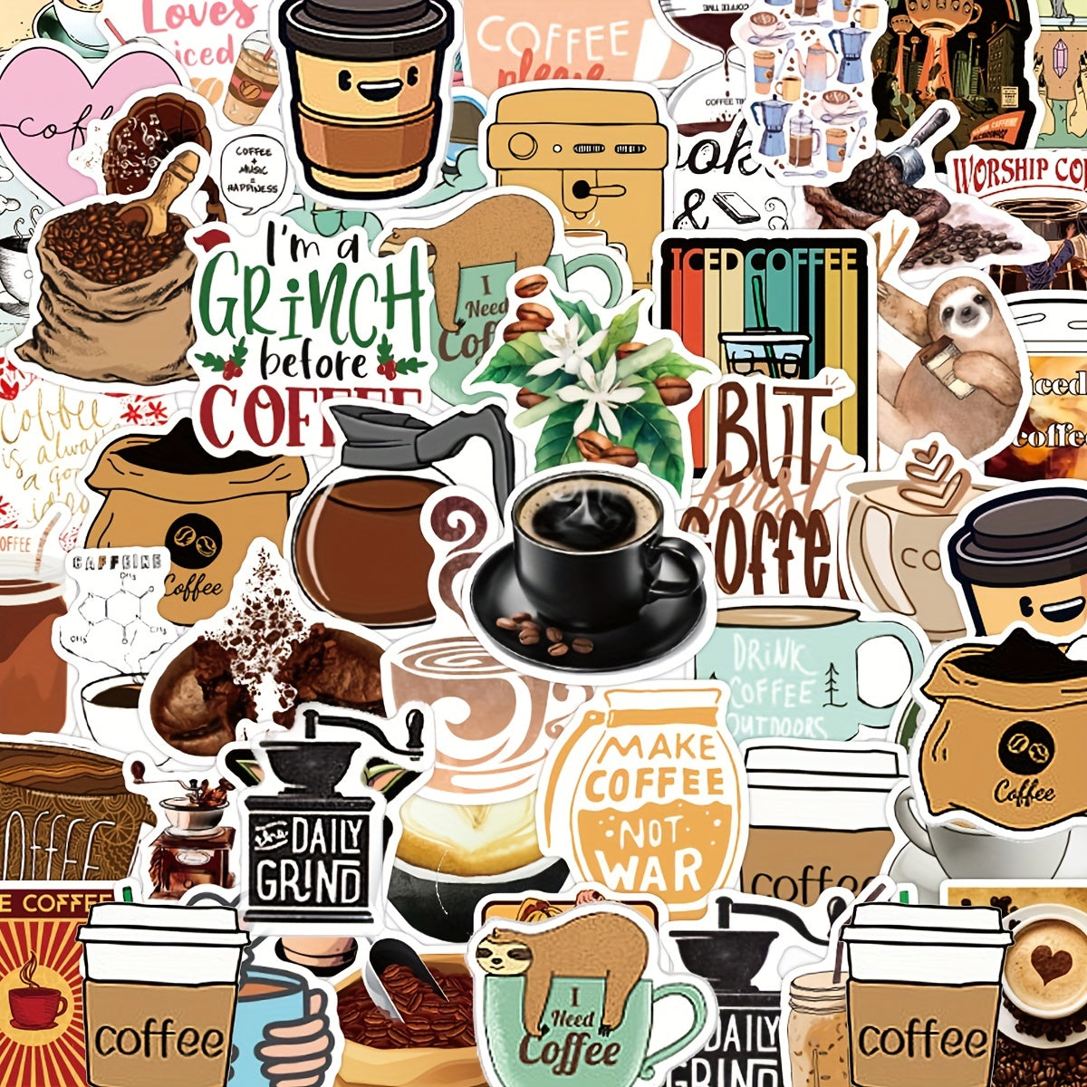 50pcs Coffee Graffiti Vinyl Waterproof Stickers for Laptop Bumper Skateboard