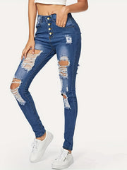 Distressed Skinny Jeans Button Fly Stretchy Denim Pants