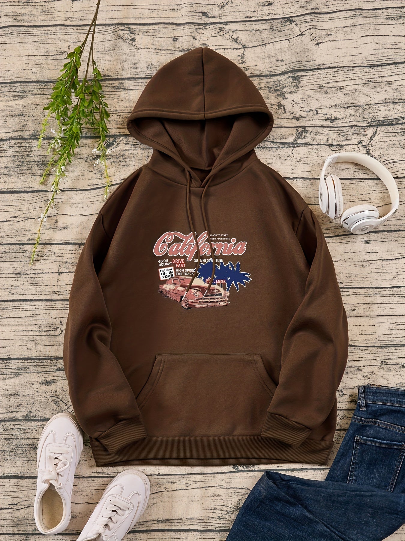 Car & Coconut Tree Casual Shirt Loose Drawstring Hoodies