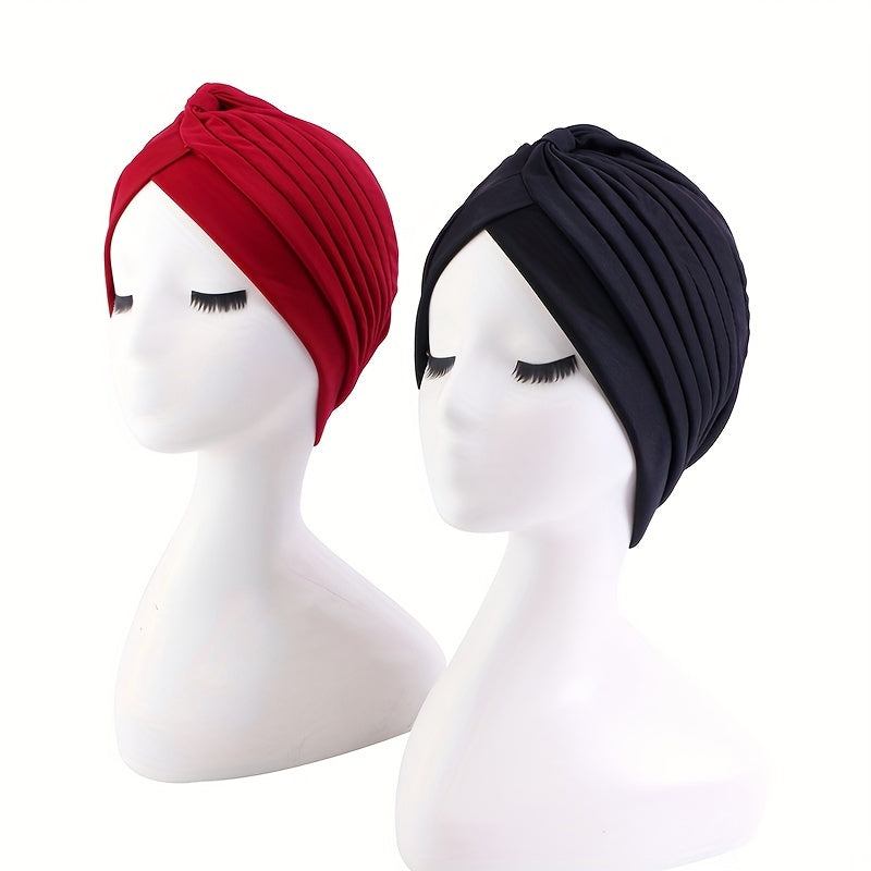 2pcs Pleated Turban Cap Head Wrap Elastic Hijab Hat Beanie Chemo Hats