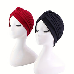 2pcs Pleated Turban Cap Head Wrap Elastic Hijab Hat Beanie Chemo Hats