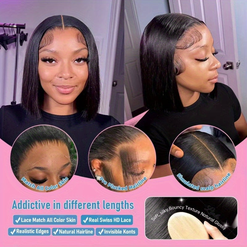 Short Straight Bob Wig 100% Human Hair Glueless 13X4 HD Transparent Lace Front W