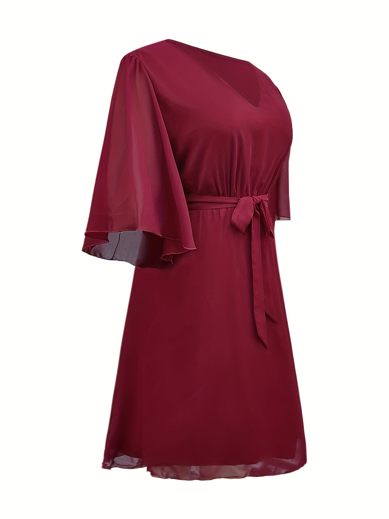 Flutter Sleeve V Neck Dress With Belt