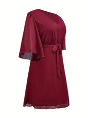 Flutter Sleeve V Neck Dress With Belt