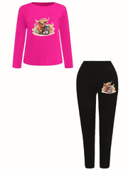 Women's Plus Cow & Cactus Print Top & Leggings Set