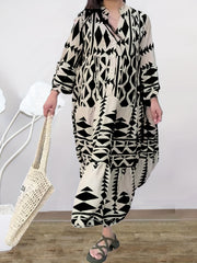 Geo Print Tiered Dress Button Front Boho Long Sleeve