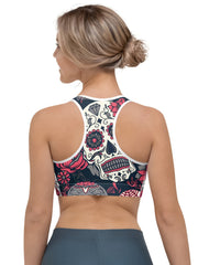 Halloween Sports Bra Women's Plus Floral & Skull Print Round Neck