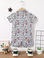 Boys Letter & Bear Print Outfit Short Sleeves Shirt & Shorts Set