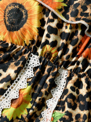 Leopard & Sunflower Pattern Romper w/ Ruffle & Lace for Kids - Spring Summer