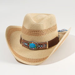 Khaki Cowboy Hat Curved Brim Straw Hat Wide Faux Jade Belt Decor Visor Hats
