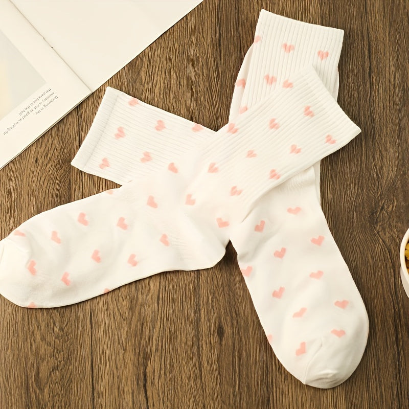 3 Pairs Heart Print Socks Comfy Mid Tube Women's Stockings