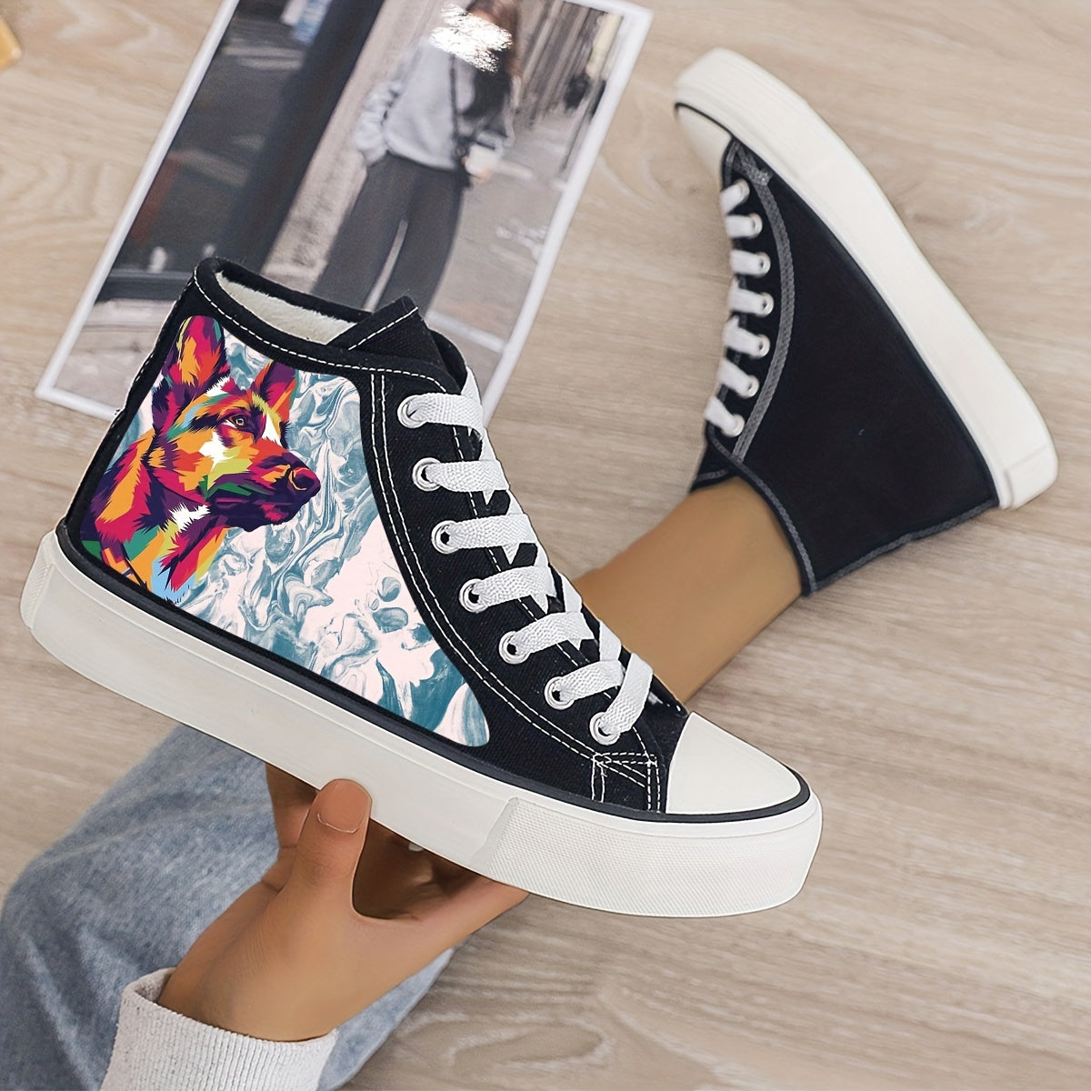 Plush Lined Thermal Wolf Print Canvas Sneakers