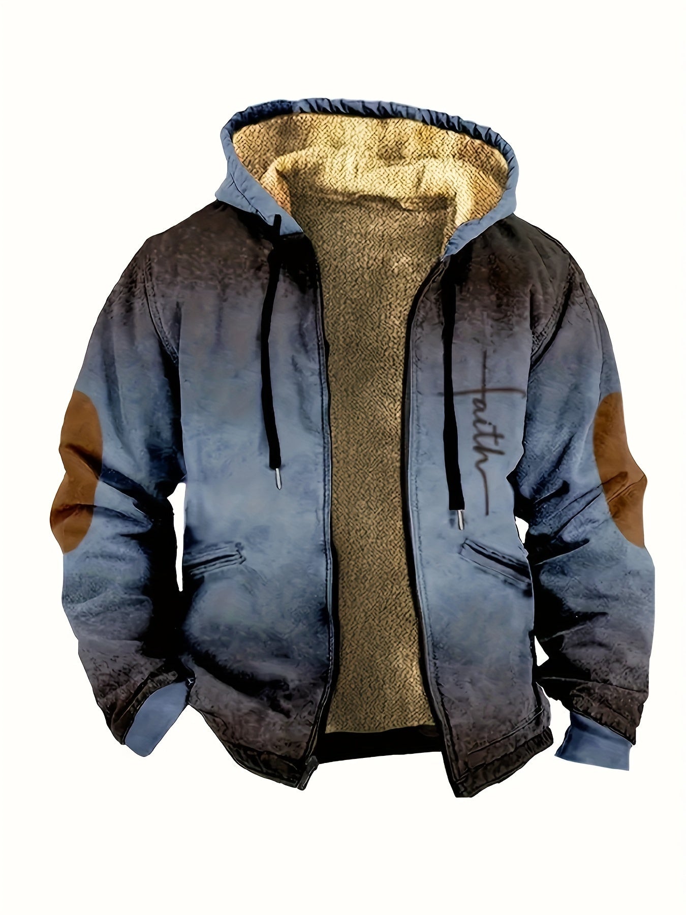 Men's Faith Pattern Gradient Plush Thick Winter Hooded Coat