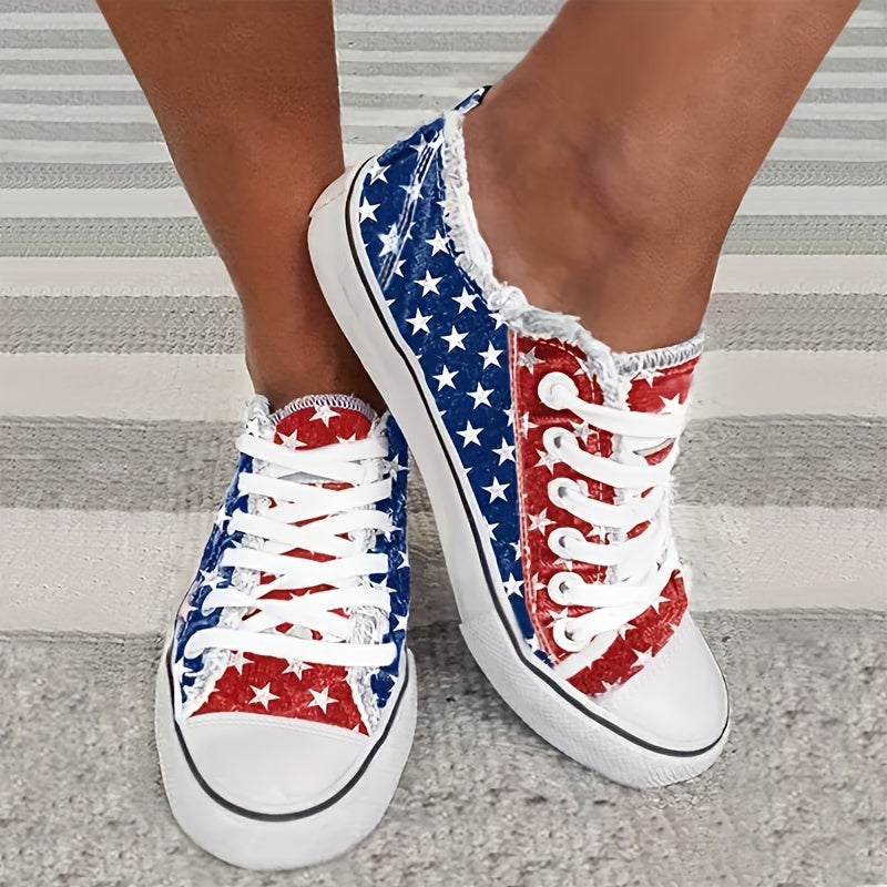American Flag Elements Canvas Shoes Comfortable Lace Up Flats