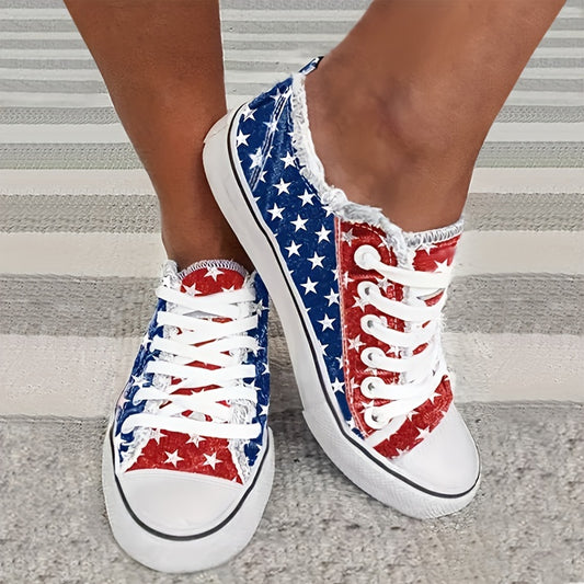 American Flag Elements Canvas Shoes Comfortable Lace Up Flats