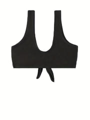 Front Bow Knot V Neck Bikini Top Solid Stretchy Swimsuit