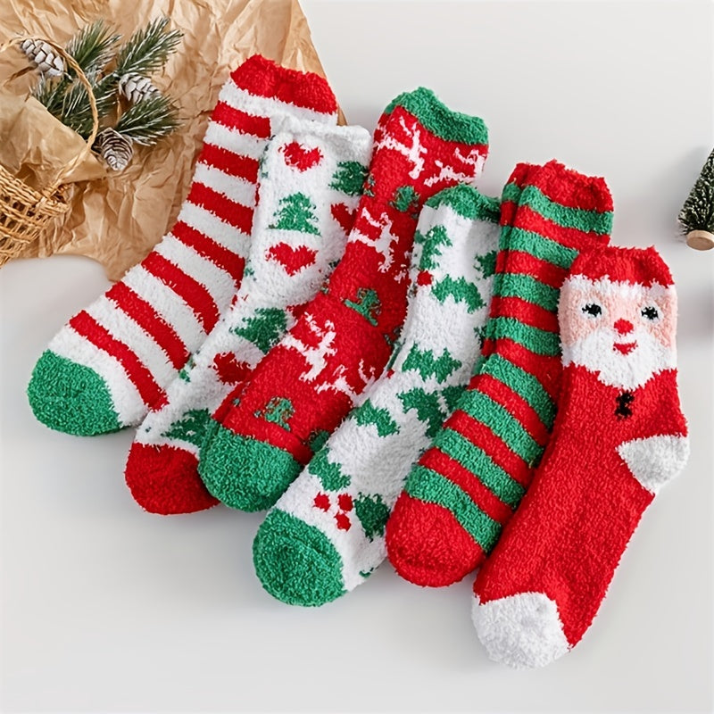 6 Pairs Cartoon Christmas Print Socks Comfy & Fuzzy Warm Stockings